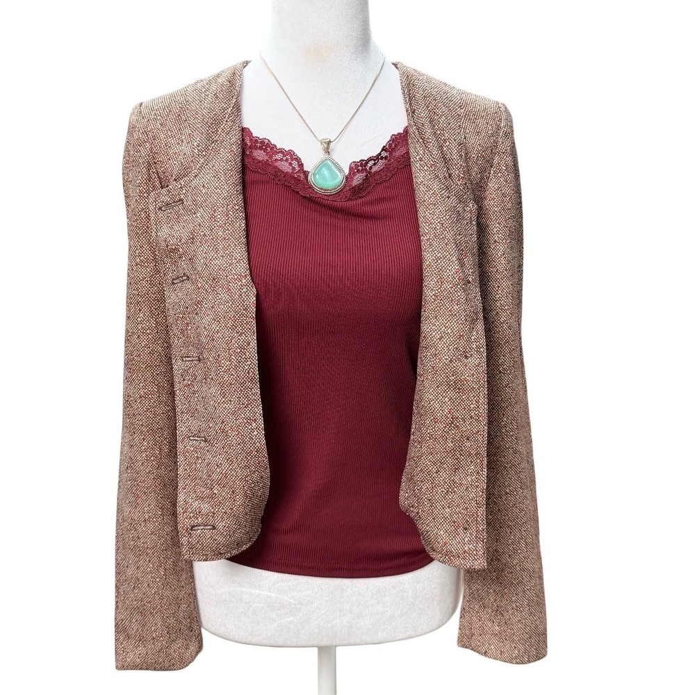 Vintage 70s Brown Tweed Blazer XS Tailored Jacket Medium Academia Office Career - Picture 3 of 13